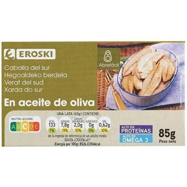 Filete de caballa del sur en aceite de oliva EROSKI, lata 85 g - 1 ud - Imagen del producto en Findit