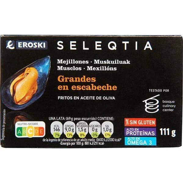 Mejillón frito en escabeche EROSKI SELEQTIA, lata 111 g - 1 ud - Imagen del producto en Findit