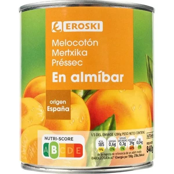 Melocotón en almíbar ligero EROSKI, lata 480 g - 0.48 kg - Imagen del producto en Findit