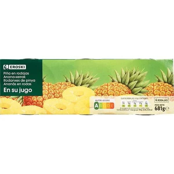 Piña en rodaja en su jugo EROSKI, pack 3x137 g - 0.41 kg - Imagen del producto en Findit