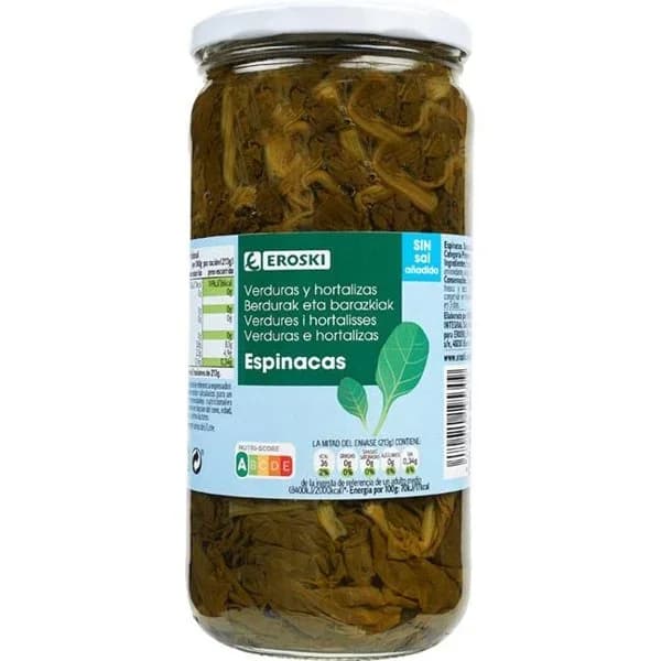 Espinacas bajas en sal EROSKI, frasco 425 g - 1 ud - Imagen del producto en Findit