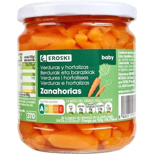 Zanahoria cocida EROSKI, frasco 210 g - 0.21 kg - Imagen del producto en Findit