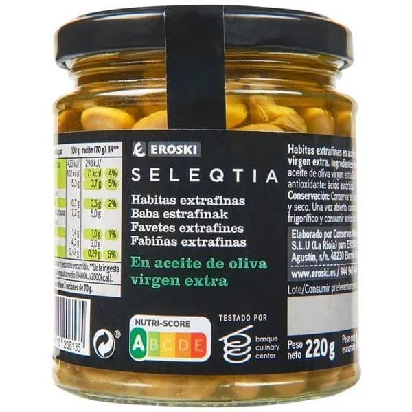 Habitas en aceite de oliva EROSKI SELEQTIA, frasco 220 g - 0.22 kg - Imagen del producto en Findit