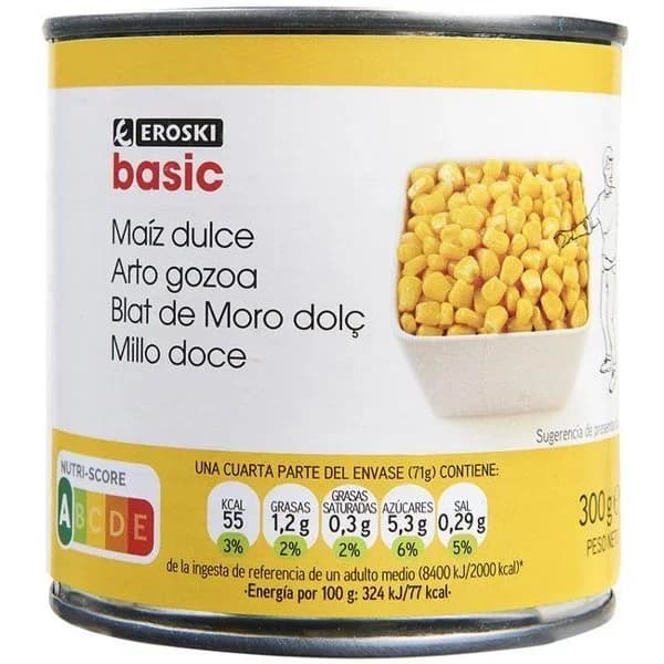 Maíz dulce EROSKI BASIC, lata 285 g - 0.29 kg - Imagen del producto en Findit