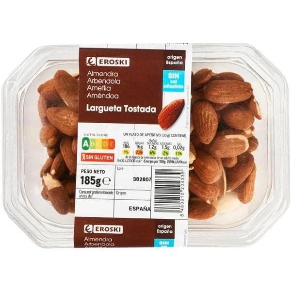 Almendra tostada sin sal EROSKI, tarrina 185 g - 1 ud - Imagen del producto en Findit