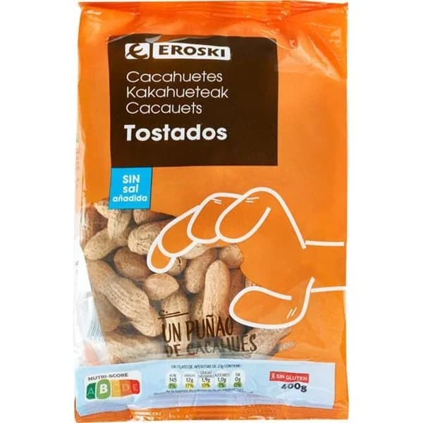 Cacahuetes con cáscara tostados EROSKI, bolsa 400 g - 0.4 kg - Imagen del producto en Findit