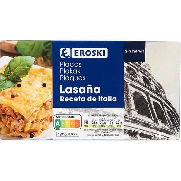 Placas precocidas para lasaña EROSKI, caja 250 g - 0.25 kg - Imagen del producto en Findit