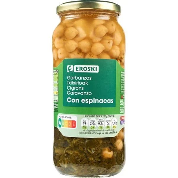 Garbanzos con espinacas EROSKI, frasco 370 g - 0.37 kg - Imagen del producto en Findit