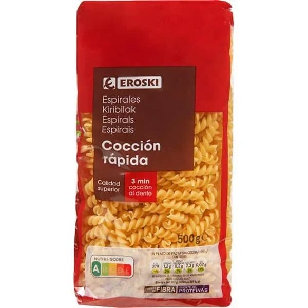 Espirales de cocción rápida EROSKI, paquete 500 g - 0.5 kg - Imagen del producto en Findit