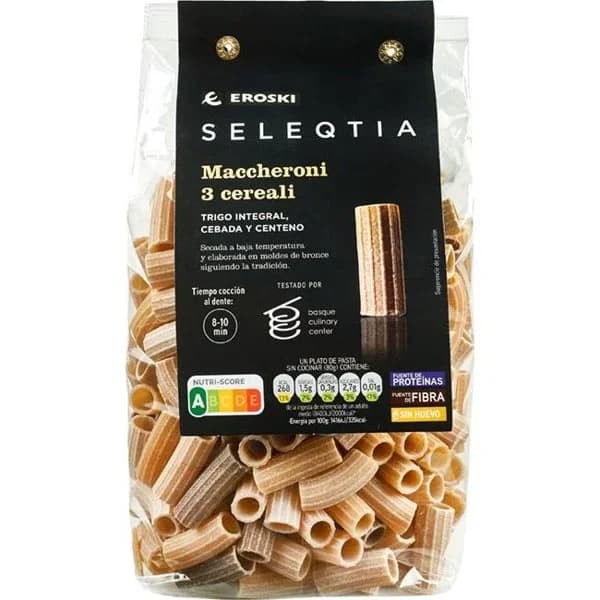 Maccheroni 3 cereales EROSKI SELEQTIA, paquete 500 g - 0.5 kg - Imagen del producto en Findit