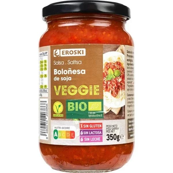 Salsa boloñesa vegana EROSKI VEGGIE, frasco 350 g - 1 ud - Imagen del producto en Findit