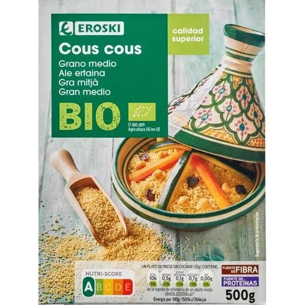Cous cous bio EROSKI BIO/ECO, caja 500 g - 0.5 kg - Imagen del producto en Findit