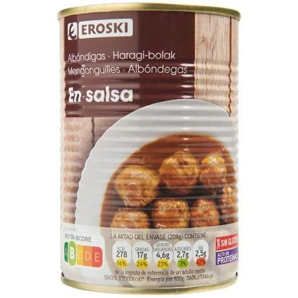 Albondigas en salsa EROSKI, lata 415 g - 0.42 kg - Imagen del producto en Findit