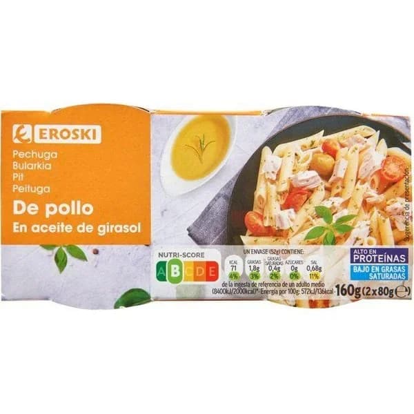 Pechuga de pollo en aceite EROSKI, pack 2x80 g - 0.16 kg - Imagen del producto en Findit