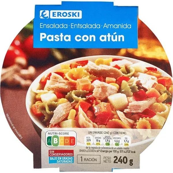 Ensalada de pasta con atún EROSKI, bowl 240 g - 0.24 kg - Imagen del producto en Findit