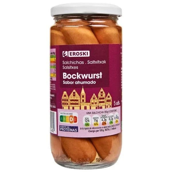Salchichas Bockwurst EROSKI, 5 uds, frasco 250 g - 0.25 kg - Imagen del producto en Findit