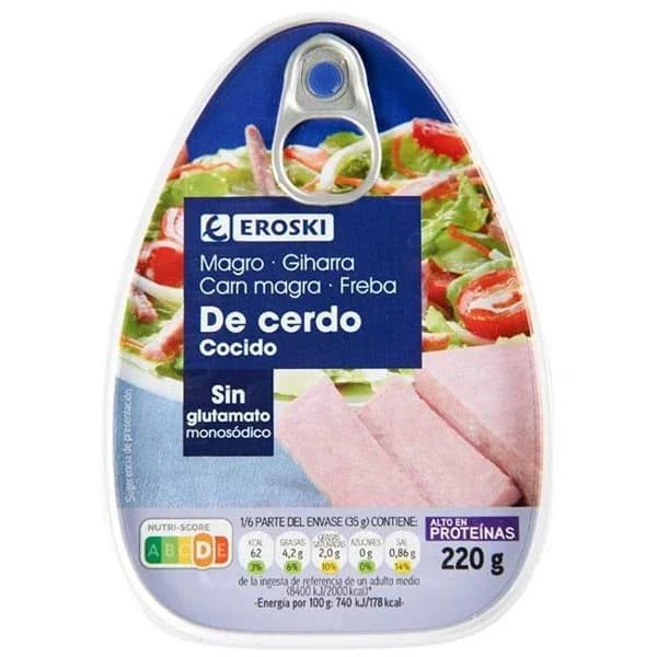 Magro de cerdo cocido extra EROSKI, lata 220 g - 0.22 kg - Imagen del producto en Findit