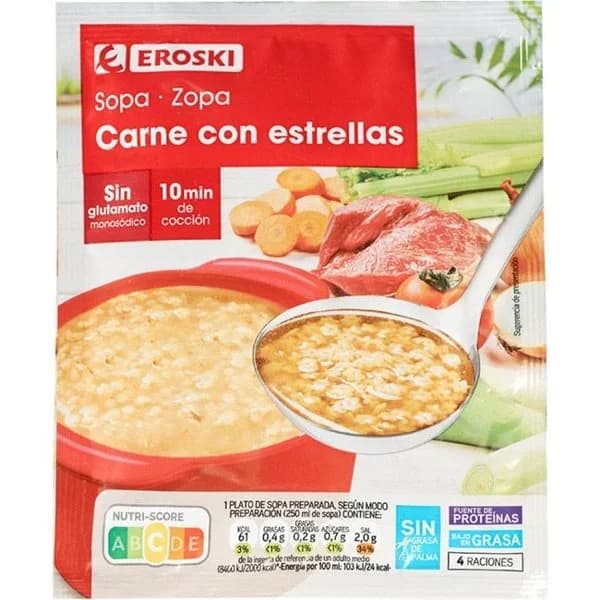 Sopa de carne con estrellas EROSKI, sobre 77 g - 1 ud - Imagen del producto en Findit