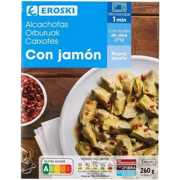 Alcachofas con jamón EROSKI, bandeja 260 g - 0.26 kg - Imagen del producto en Findit