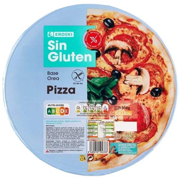 Base de pizza sin gluten EROSKI, bandeja 300 g - 0.3 kg - Imagen del producto en Findit