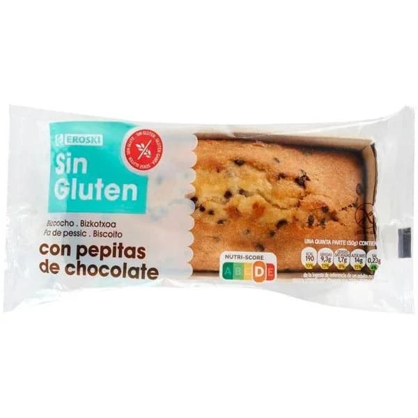 Bizcocho c/ pepitas de chocolate s/ gluten EROSKI, paquete 250 g - 0.25 kg - Imagen del producto en Findit