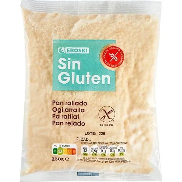 Pan rallado sin gluten EROSKI, paquete 200 g - 0.2 kg - Imagen del producto en Findit