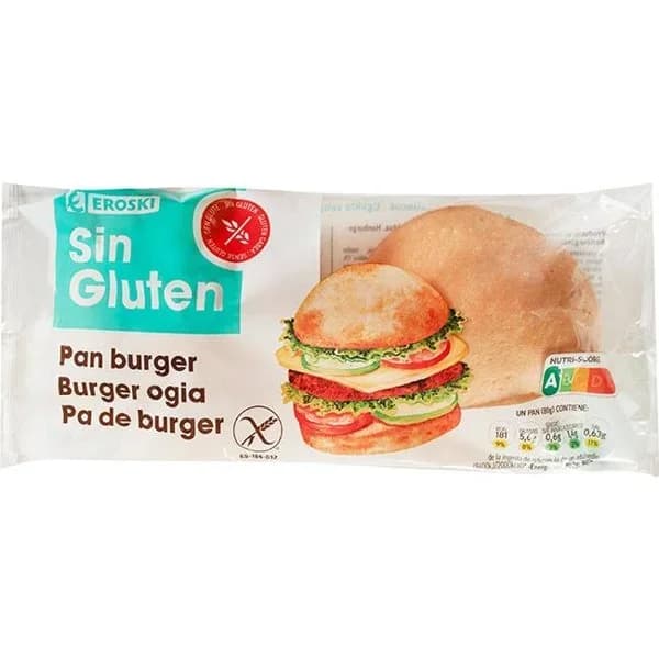 Pan burger sin gluten EROSKI, 2 uds, paquete 160 g - 0.16 kg - Imagen del producto en Findit