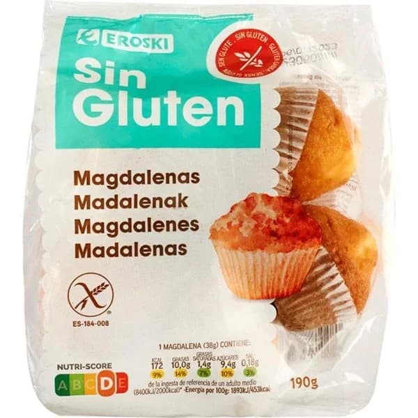 Magdalena clásica sin gluten EROSKI, bolsa 190 g - 0.19 kg - Imagen del producto en Findit