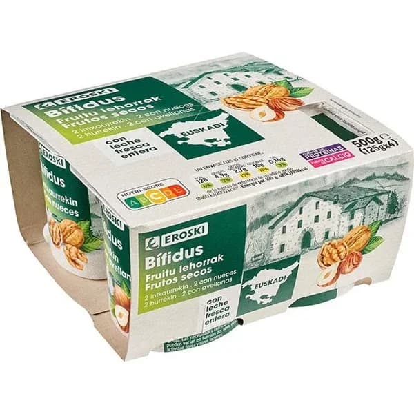 Bífidus con nuez y avellana País Vasco EROSKI, pack 4x125 g - 1 ud - Imagen del producto en Findit