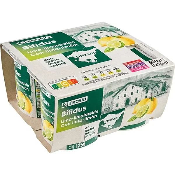 Bífidus con lima limón País Vasco EROSKI, pack 4x125 g - 1 ud - Imagen del producto en Findit