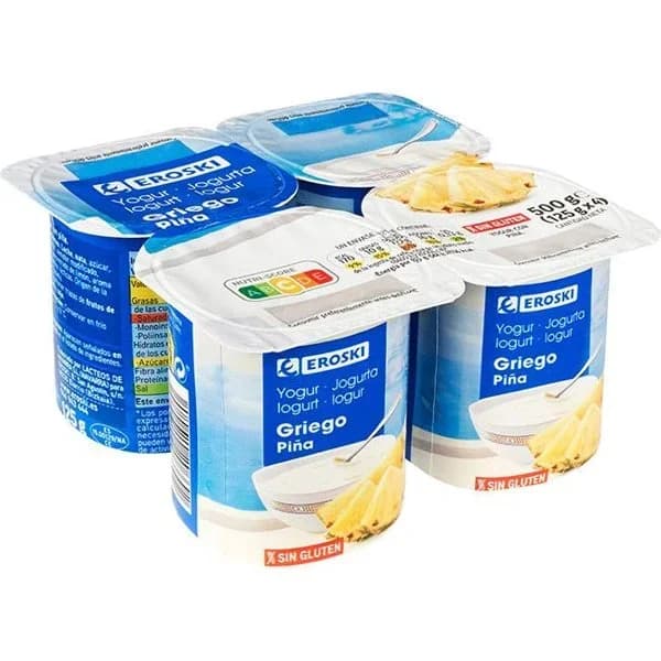 Yogur griego sabor piña EROSKI, pack 4x125 g - 1 ud - Imagen del producto en Findit