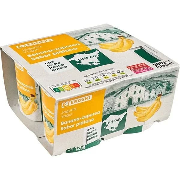 Yogur sabor plátano País Vasco EROSKI, pack 4x125 g - 1 ud - Imagen del producto en Findit