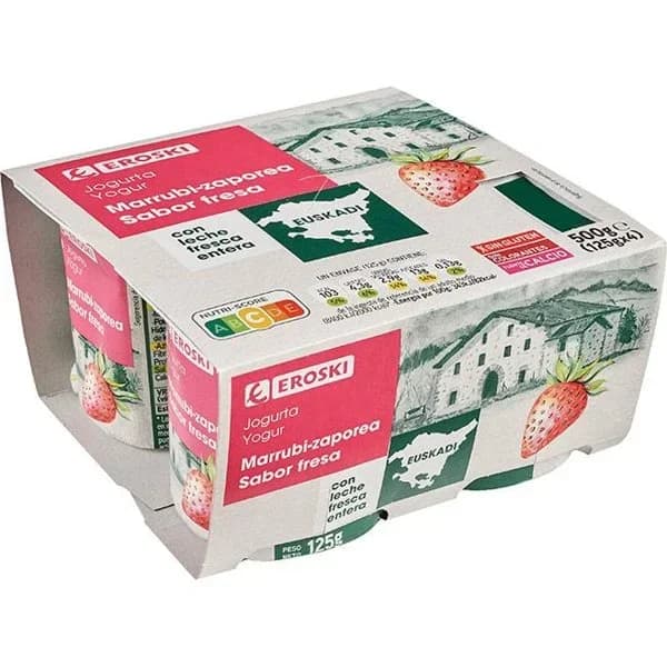 Yogur sabor fresa País Vasco EROSKI, pack 4x125 g - 1 ud - Imagen del producto en Findit