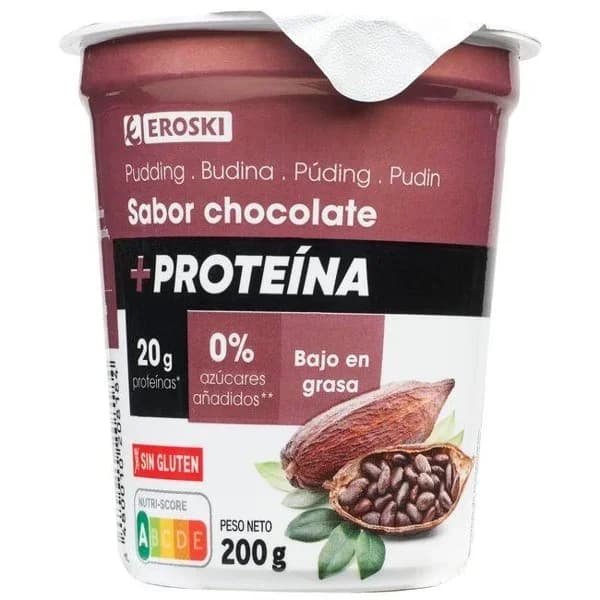 Pudding +proteína sabor chocolate EROSKI, tarrina 200 g - 1 ud - Imagen del producto en Findit
