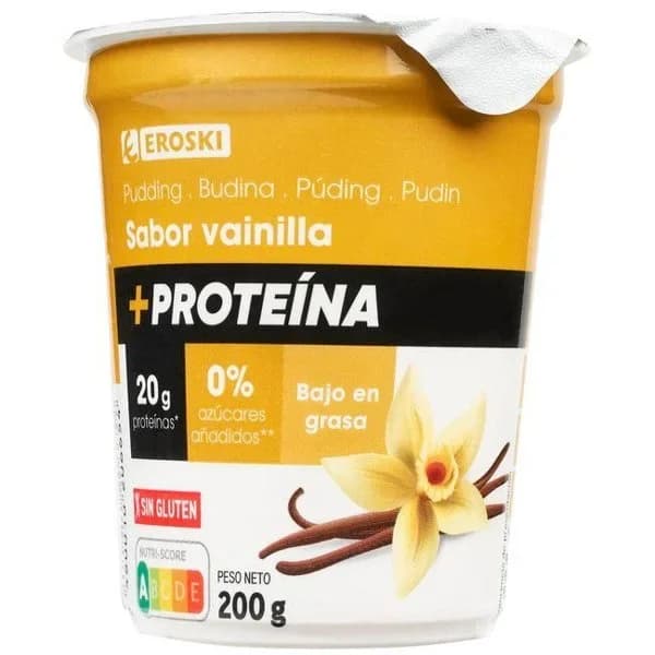 Pudding +proteína sabor vainilla EROSKI, tarrina 200 g - 1 ud - Imagen del producto en Findit