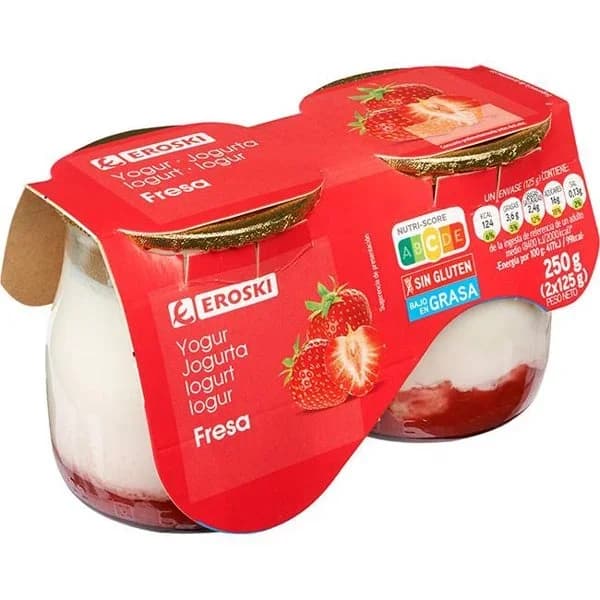 Yogur sabor fresa EROSKI, pack 2x125 g - 1 ud - Imagen del producto en Findit