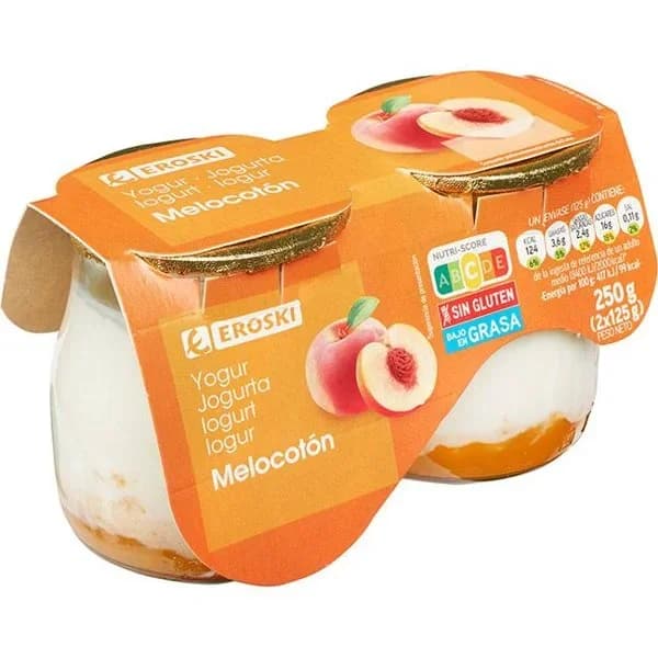 Yogur sabor melocotón EROSKI, pack 2x125 g - 1 ud - Imagen del producto en Findit