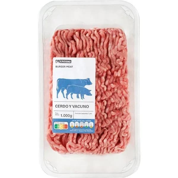 Picada mixta cerdo-vacuno burger meat XXL EROSKI, bandeja 1 kg - 1 kg - Imagen del producto en Findit