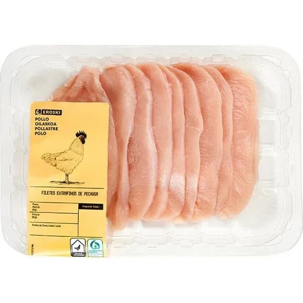 Filetes extrafinos de pechuga de pollo EROSKI, bandeja 320 g - 0.32 kg - Imagen del producto en Findit