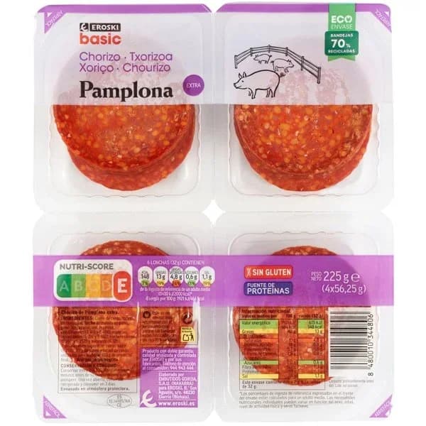 Chorizo Pamplona extra EROSKI BASIC, pack 4x56,25 g - 0.23 kg - Imagen del producto en Findit
