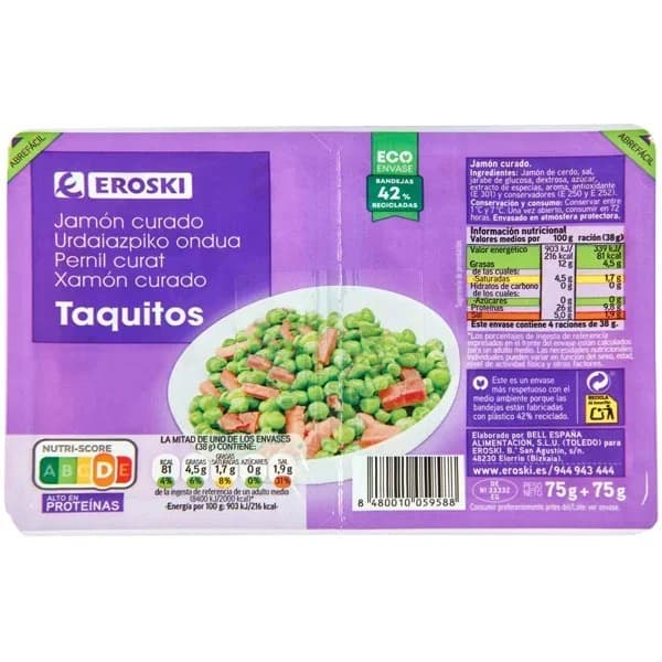 Taquitos de jamón curado EROSKI, pack 2x75 g - 0.15 kg - Imagen del producto en Findit