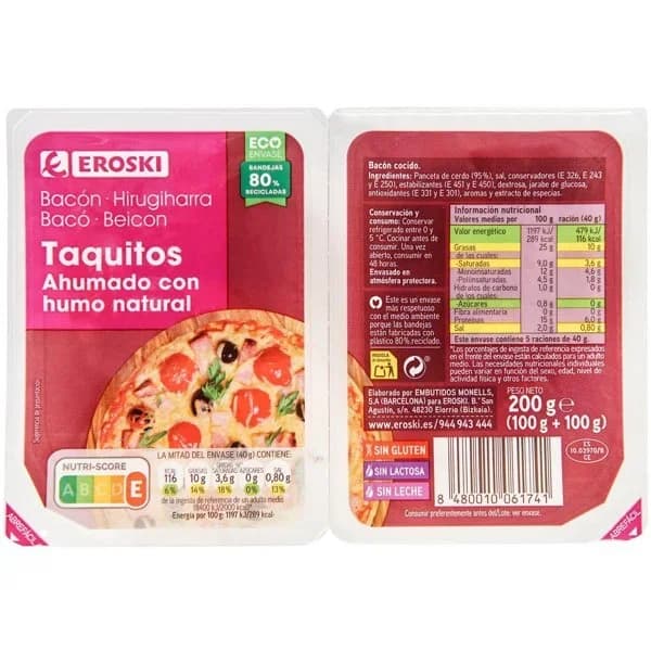 Taquitos de bacón ahumado con humo natural EROSKI, pack 2x100 g - 0.2 kg - Imagen del producto en Findit