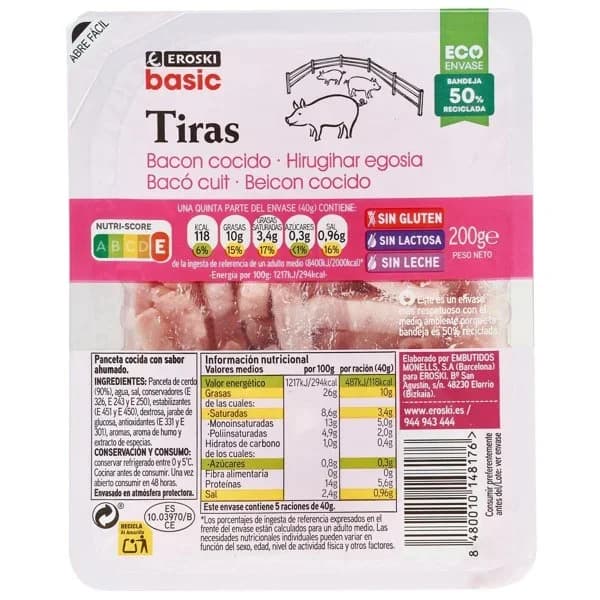 Tiras de bacón ahumado EROSKI basic, tarrina 200 g - 0.2 kg - Imagen del producto en Findit