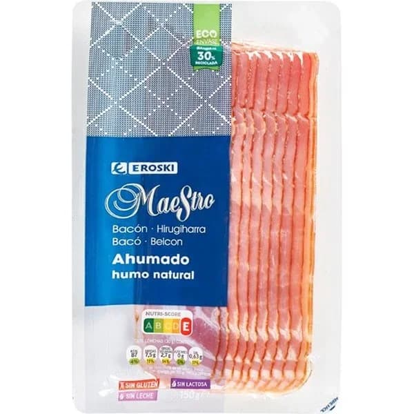 Bacon ahumado con humo natural EROSKI Maestro, sobre 150 g - 0.15 kg - Imagen del producto en Findit