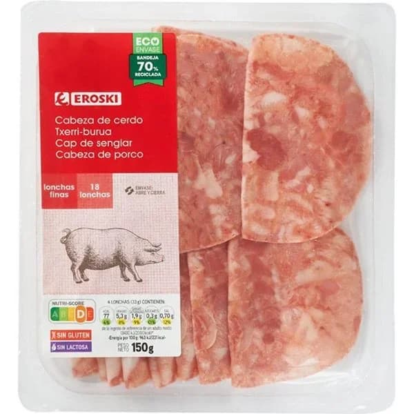 Cabeza de cerdo EROSKI, lonchas finas, bandeja 150 g - 0.15 kg - Imagen del producto en Findit