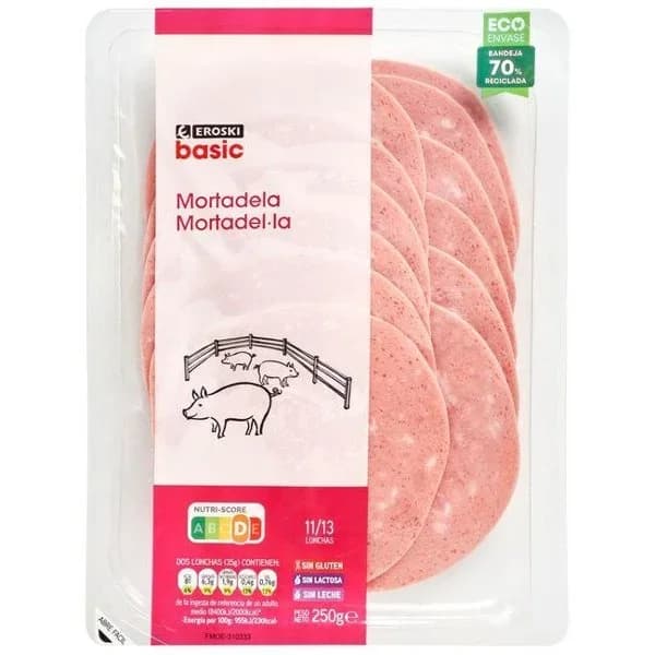 Mortadela EROSKI basic, sobre 250 g - 0.25 kg - Imagen del producto en Findit