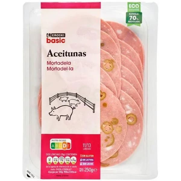 Mortadela con aceitunas EROSKI basic, sobre 250 g - 0.25 kg - Imagen del producto en Findit