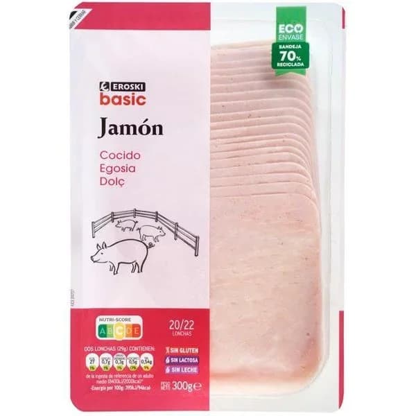 Jamón cocido EROSKI BASIC, bandeja 300 g - 0.3 kg - Imagen del producto en Findit