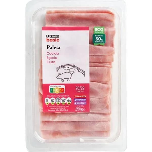 Paleta cocida lonchas finas  EROSKI basic, bandeja 250 g - 0.25 kg - Imagen del producto en Findit