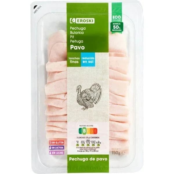 Pechuga de pavo reducida en sal EROSKI, bandeja 150 g - 0.15 kg - Imagen del producto en Findit